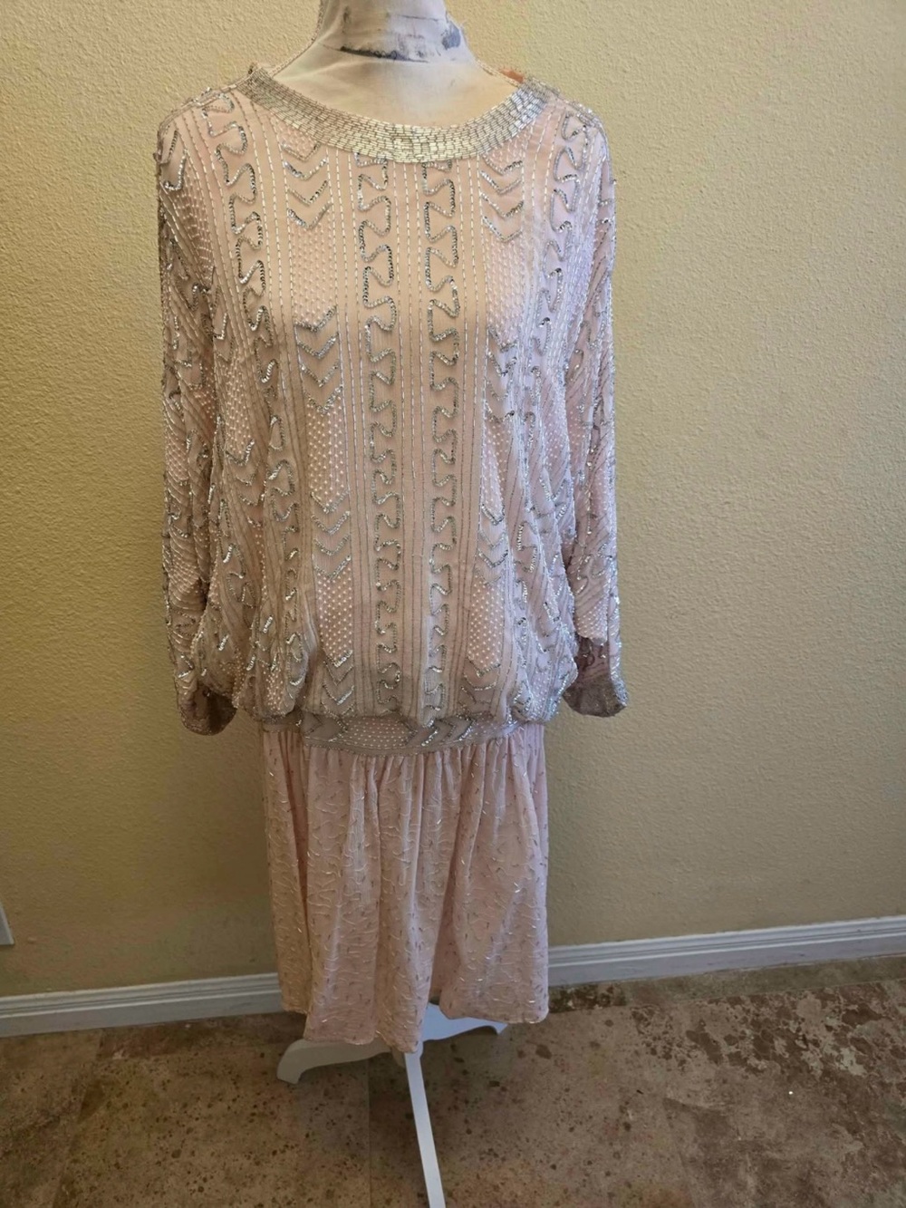 Vintage Judith Ann for Andie & Barbara Pink Silk Beaded Drop Waist Dress Small - Picture 4 of 8